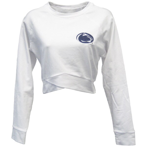 women's white long sleeve crop top with embroidered Penn State Athletic Logo